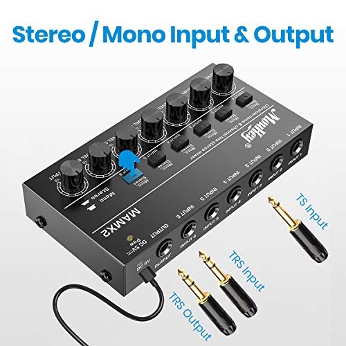Moukey Audio Mixer, DC 5V, 6 Stereo Ultra, Low Noise 6 Channel Line Mixer for Sub-Mixing, for Small Clubs or Bars, As Guitars, Bass, Keyboards Mixer, MAMX2 - Image 2