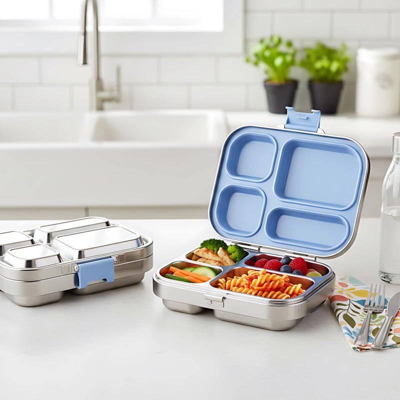 Leak Proof Stainless Steel Lunch Box 4 Compartment Kids Meal Container Blue - Image 5