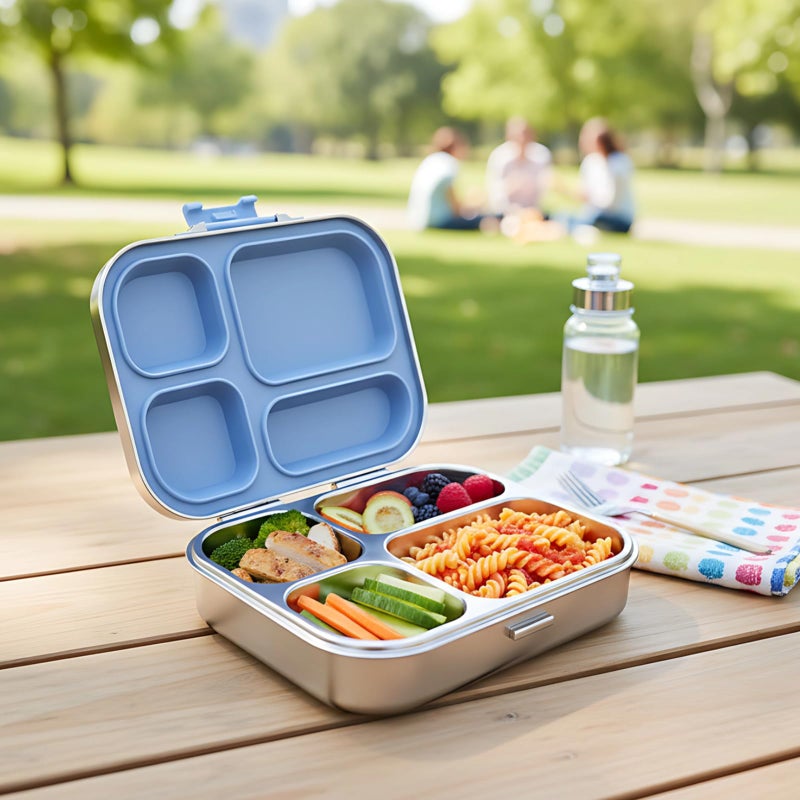Leak Proof Stainless Steel Lunch Box 4 Compartment Kids Meal Container Blue - Image 4