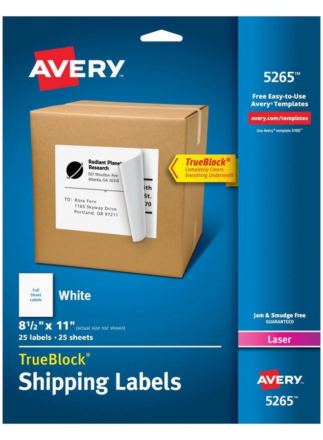 Avery Full-Sheet Printable Shipping Labels, 8.5" x 11" Customizable Stickers, White, 25 Blank Mailing Labels, Great for Mailing, Shipping, Organizing, and More (5265) - Image 1