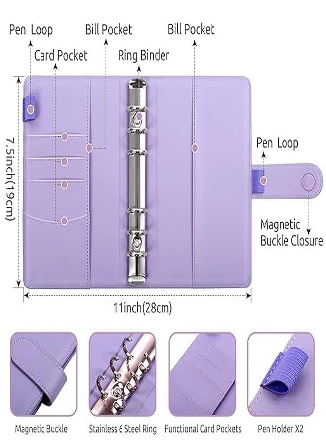 ECAPT File Folder Ring Binder Notebook Set, A6 PU Leather Binder Clip with Envelopes, Budget Sheets, Label Stickers, 1 Ruler, Ring Binder Clip Stationery Supplies (Purple) - Image 5