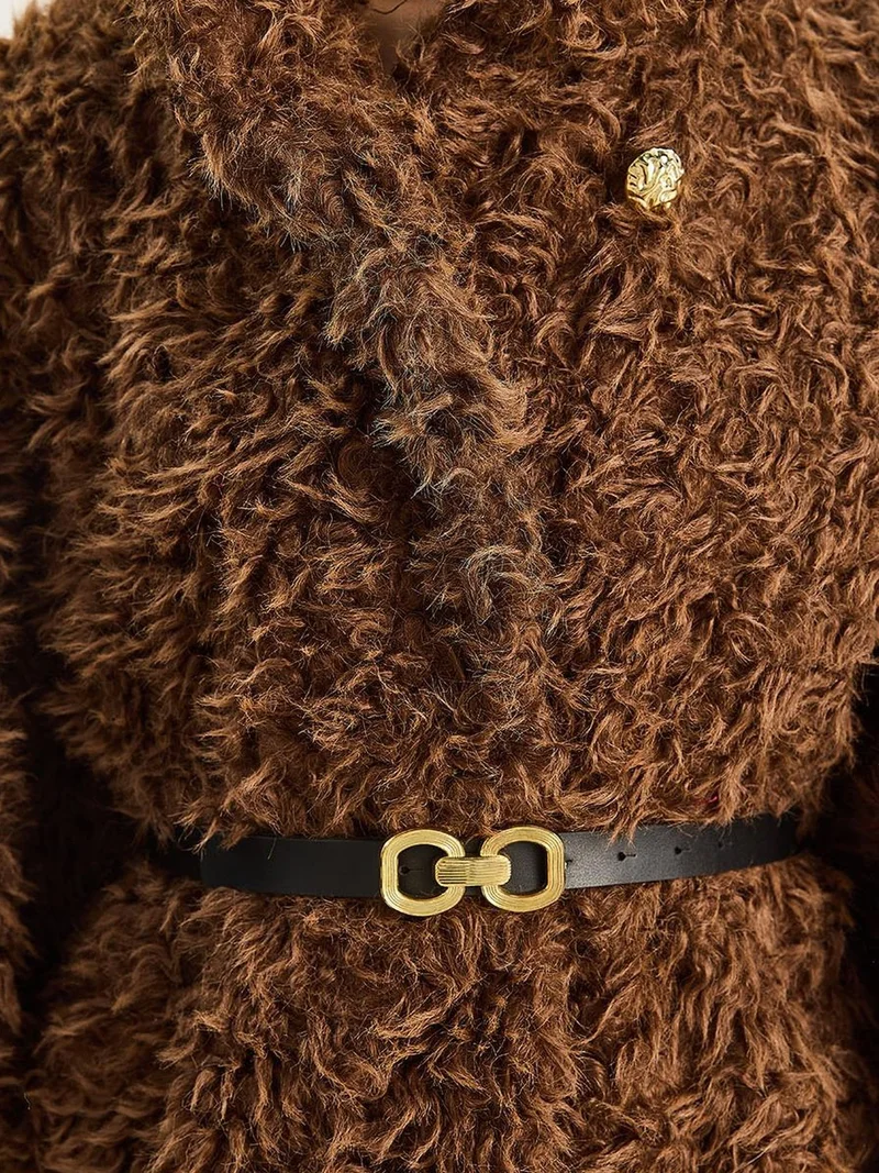 Bianco Lucci Mocha Brown LUCCI Oversize Plush Coat with Jacket Collar for Women | Best Price UAE