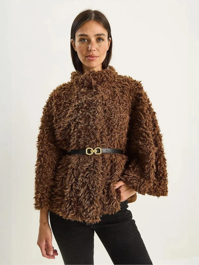 Bianco Lucci Mocha Brown LUCCI Oversize Plush Coat with Jacket Collar for Women | Best Price UAE