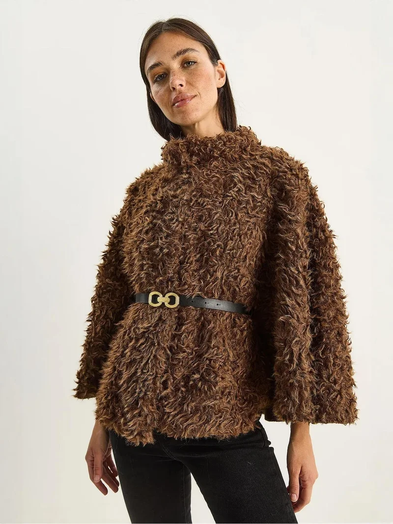 Bianco Lucci Mocha Brown LUCCI Oversize Plush Coat with Jacket Collar for Women | Best Price UAE