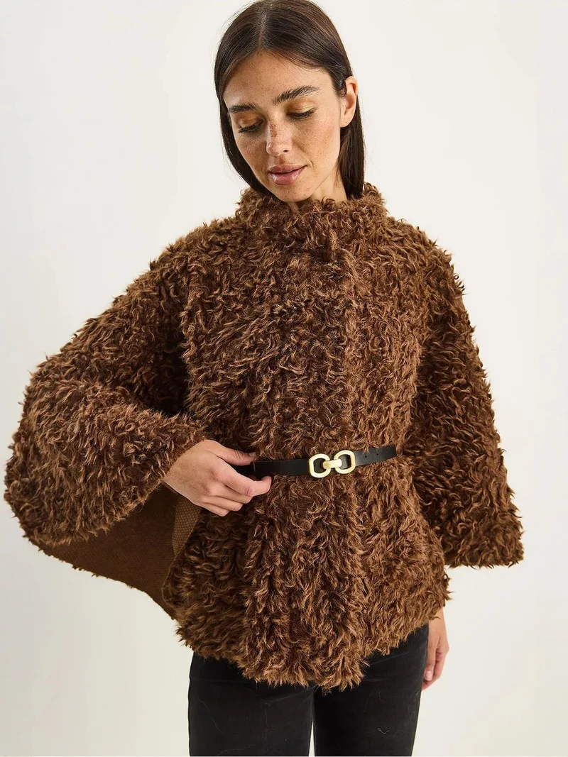 Bianco Lucci Mocha Brown LUCCI Oversize Plush Coat with Jacket Collar for Women | Best Price UAE