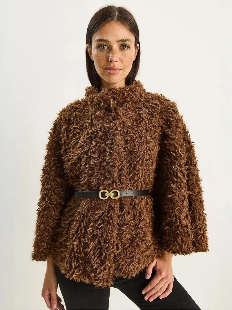 Bianco Lucci Mocha Brown LUCCI Oversize Plush Coat with Jacket Collar for Women | Best Price UAE