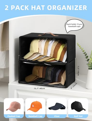 Beveetio 2 Pack Front-Opening Hat Organizer for Baseball Caps, Stackable Rigid Hat Storage Box with Clear Window, Space Saving Baseball Cap Organizer Holder for Closet, Holds Up to 30 PCS - Image 3