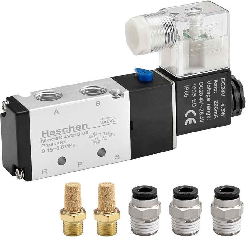 Heschen صمام كهربائي هوائي هيسشن 4V210-08 24VDC مع ملحقات وكاتم صوت - Image 1