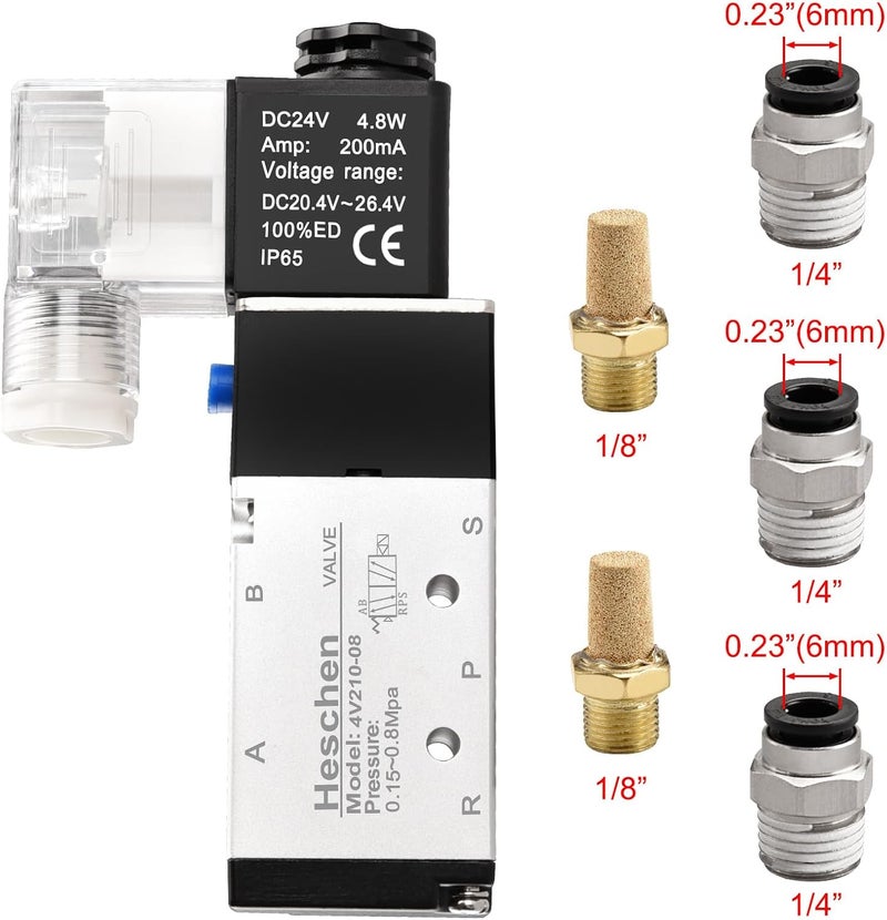 Heschen صمام كهربائي هوائي هيسشن 4V210-08 24VDC مع ملحقات وكاتم صوت - Image 3