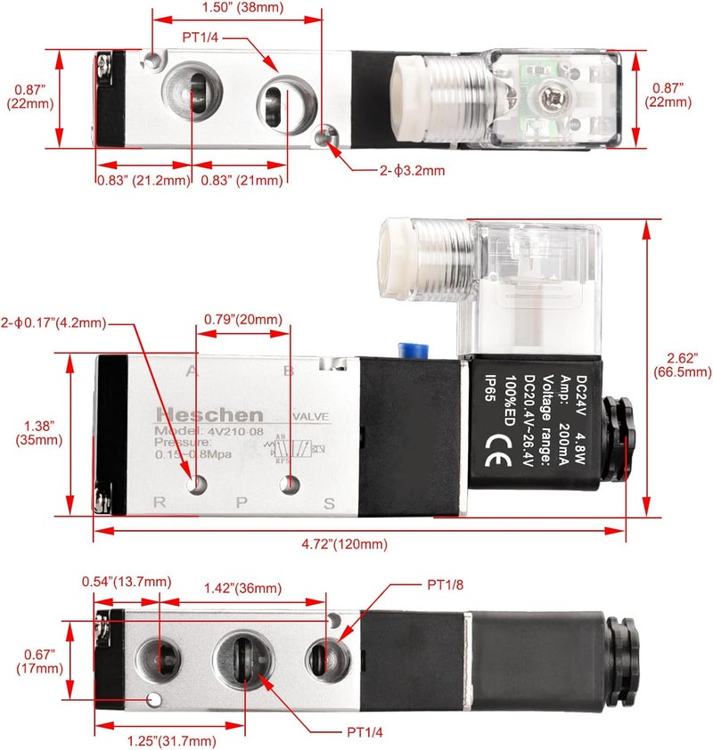 Heschen صمام كهربائي هوائي هيسشن 4V210-08 24VDC مع ملحقات وكاتم صوت - Image 2