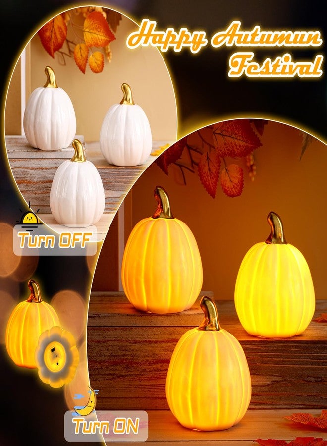 Rossesay 3 Pcs Light up Thanksgiving Pumpkin Tabletop Decor Light up Ceramic Pumpkins with Lights for Thanksgiving Fall Home Tabletop Kitchen Decor(White) - Image 3