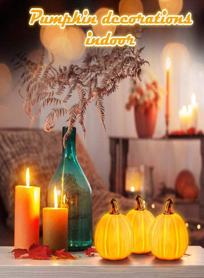 Rossesay 3 Pcs Light up Thanksgiving Pumpkin Tabletop Decor Light up Ceramic Pumpkins with Lights for Thanksgiving Fall Home Tabletop Kitchen Decor(White) - Image 4