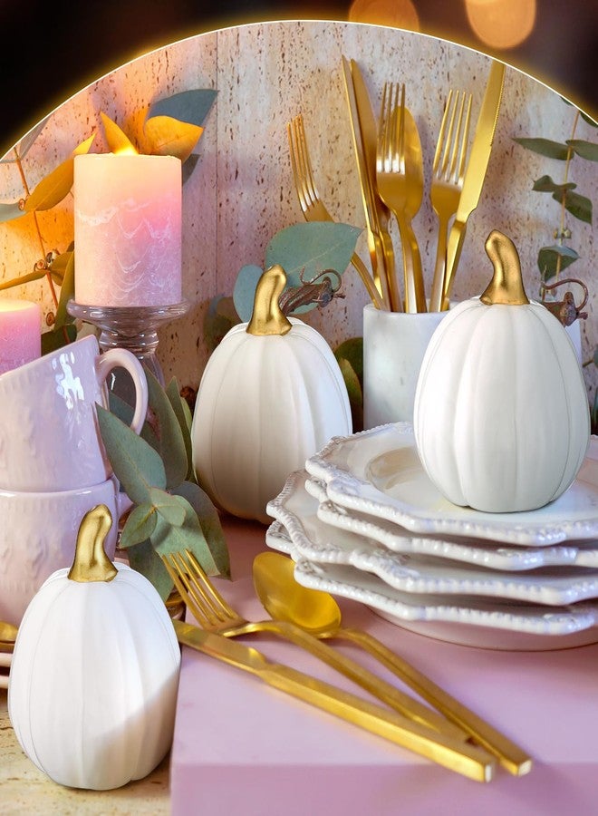 Rossesay 3 Pcs Light up Thanksgiving Pumpkin Tabletop Decor Light up Ceramic Pumpkins with Lights for Thanksgiving Fall Home Tabletop Kitchen Decor(White) - Image 5