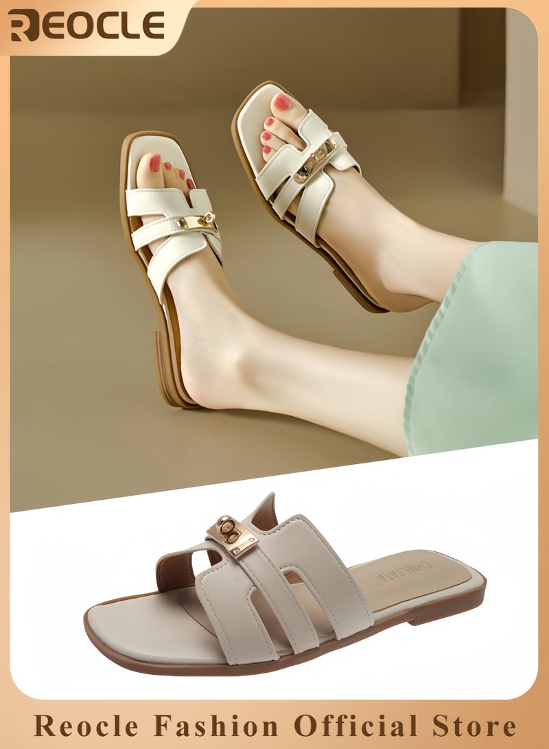 REOCLE Women's Sandals Slip On Leather Slide Sandals Summer Sandals Comfortable Flat Dress Sandals Fashion Open Toe Sandal - Image 1
