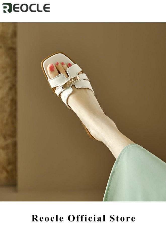 REOCLE Women's Sandals Slip On Leather Slide Sandals Summer Sandals Comfortable Flat Dress Sandals Fashion Open Toe Sandal - Image 4