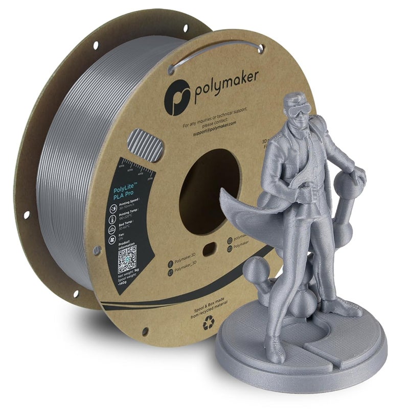 polymaker خيوط PLA PRO 1.75 مم 1 كجم، خيوط طباعة ثلاثية الأبعاد فضية قوية وعالية الصلابة، خيوط طابعة ثلاثية الأبعاد PolyLite PLA PRO 1.75 مم، طباعة مع معظم الطابعات ثلاثية الأبعاد - Image 1