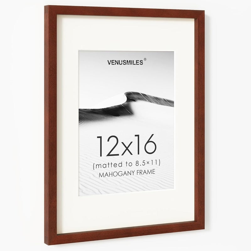 Venusmiles إطار صور 12x16 بوصة، خشب ماهوغاني طبيعي من الولايات المتحدة، إطار صور مجمّع مع زجاج مقسّى عالي الوضوح، إطار خشبي بسيط حديث 12x16 مع حافة داخلية مقاس 8.5x11، تعليق عمودي وأفقي على الحائط - Image 1