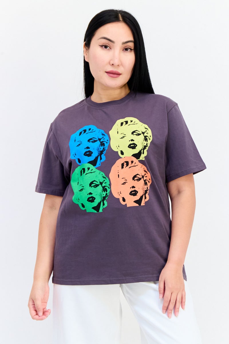 Marilyn Monroe Women Crew Neck Short Sleeves Graphic Print T-Shirt, Purple - Image 1