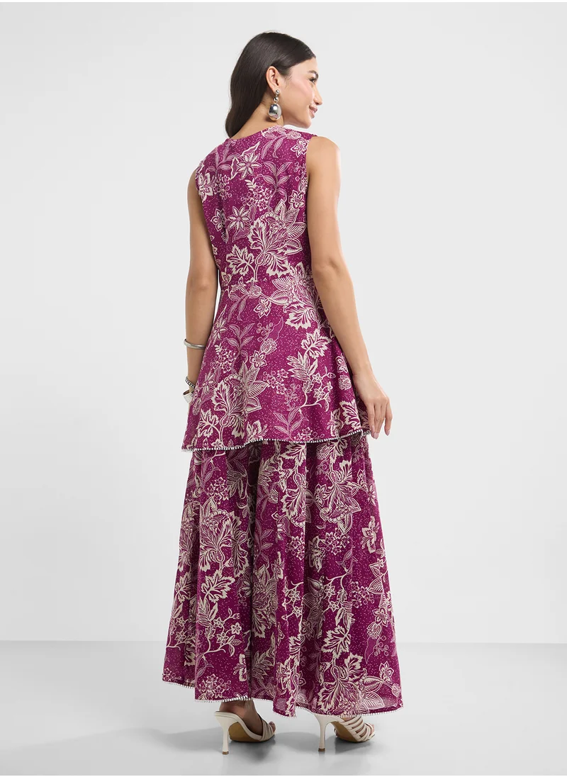 Biba Printed Kurta, Palazo & Dupatta Set