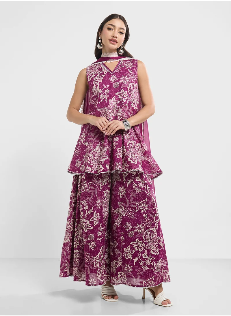 Biba Printed Kurta, Palazo & Dupatta Set