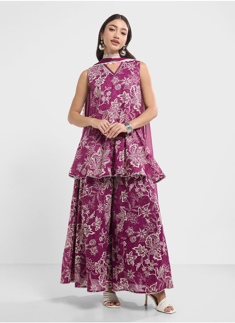 Biba Printed Kurta, Palazo & Dupatta Set  - Image 1