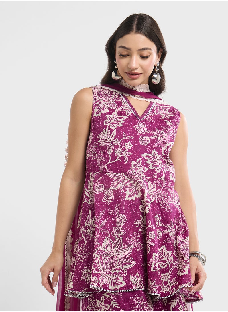Biba Printed Kurta, Palazo & Dupatta Set  - Image 3