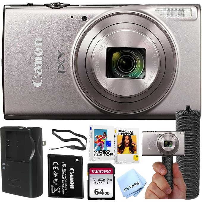 Canon PowerShot IXY 650 (ELPH 360) HS Digital Camera (Silver)+ 64GB Memory + Stabilizing Grip + Software Pack +More (Renewed) - Image 1