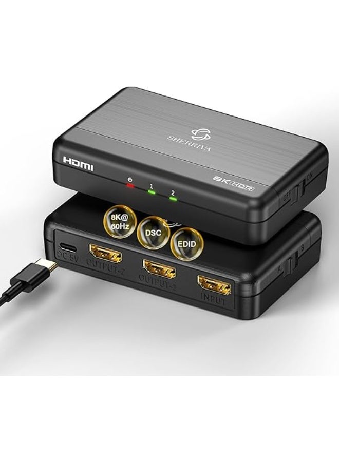 SHERRIVA 8K@60Hz 1 in 2 Out HDMI Splitter, 4K 120Hz HDMI Duplicator, HDR, HDCP 2.3 2 2 2 Port Splitter, Compatible with Xbox Series X, PS4 Pro, PS5, Blu-ray Player.HDCP2.3 48Gbps. - Image 1