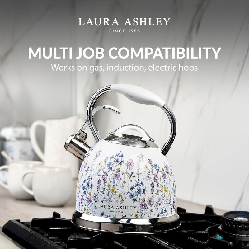 LAURA ASHLEY VQ Laura Ashley Wild Meadow 2.5L Stainless Steel Tea Kettle Stovetop Whistling Teapot for Induction, Gas Hob or others. Silicon Coated Cool Handle & Push Button Mechanism Vintage Stove Top Kettle - Image 3