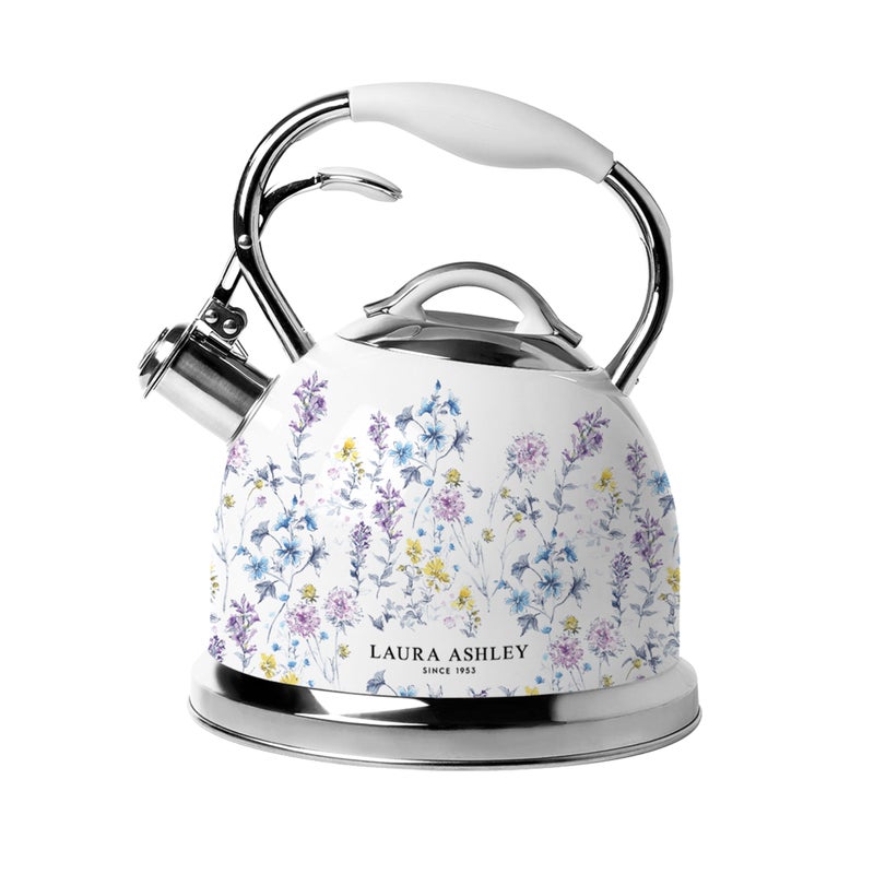 LAURA ASHLEY VQ Laura Ashley Wild Meadow 2.5L Stainless Steel Tea Kettle Stovetop Whistling Teapot for Induction, Gas Hob or others. Silicon Coated Cool Handle & Push Button Mechanism Vintage Stove Top Kettle - Image 1