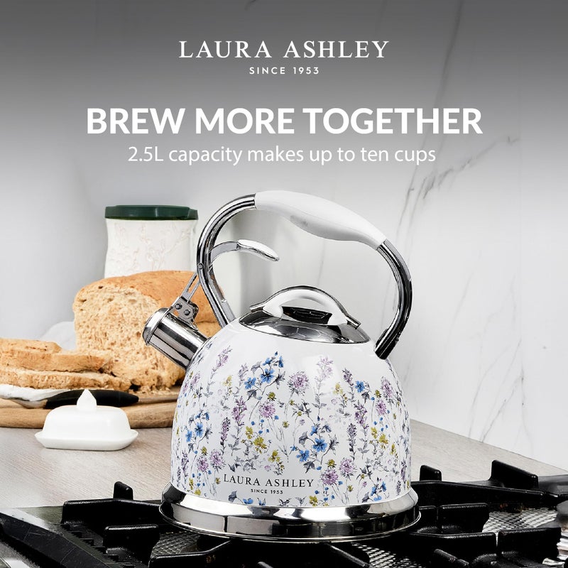 LAURA ASHLEY VQ Laura Ashley Wild Meadow 2.5L Stainless Steel Tea Kettle Stovetop Whistling Teapot for Induction, Gas Hob or others. Silicon Coated Cool Handle & Push Button Mechanism Vintage Stove Top Kettle - Image 2