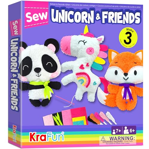 KRAFUN Unicorn Beginner Animal Sewing Kit for Kids Age 713 My First Art Craft Includes 3 Stuffed Animal Dolls Panda Fox Instructions Plush Felt Materials for Learn to Sew Embroidery - Image 1
