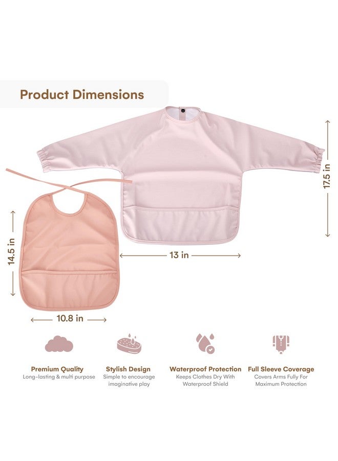 CHILDLIKE BEHAVIOR Baby Smock Bib - Set of 2 - Waterproof Travel Buddy, Mess-Proof Feeding - Long Sleeves, Gentle Closure - Two-Layer Cloth - Stress-Free Toddler Weaning - Sleeved Bib - Pink/Peach - Image 3