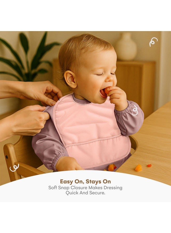 CHILDLIKE BEHAVIOR Baby Smock Bib - Set of 2 - Waterproof Travel Buddy, Mess-Proof Feeding - Long Sleeves, Gentle Closure - Two-Layer Cloth - Stress-Free Toddler Weaning - Sleeved Bib - Pink/Peach - Image 5