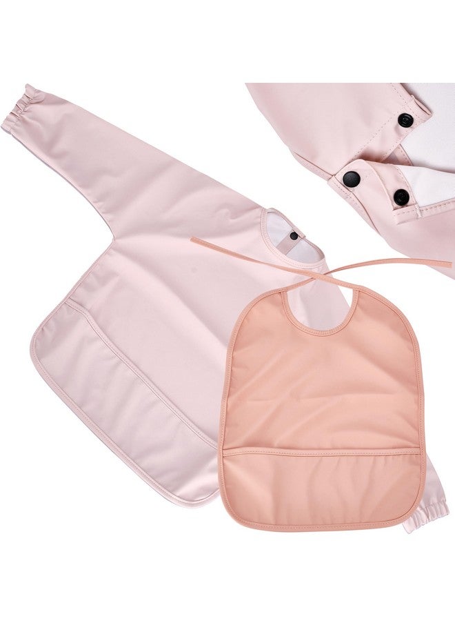 CHILDLIKE BEHAVIOR Baby Smock Bib - Set of 2 - Waterproof Travel Buddy, Mess-Proof Feeding - Long Sleeves, Gentle Closure - Two-Layer Cloth - Stress-Free Toddler Weaning - Sleeved Bib - Pink/Peach - Image 1