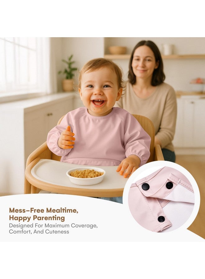 CHILDLIKE BEHAVIOR Baby Smock Bib - Set of 2 - Waterproof Travel Buddy, Mess-Proof Feeding - Long Sleeves, Gentle Closure - Two-Layer Cloth - Stress-Free Toddler Weaning - Sleeved Bib - Pink/Peach - Image 2