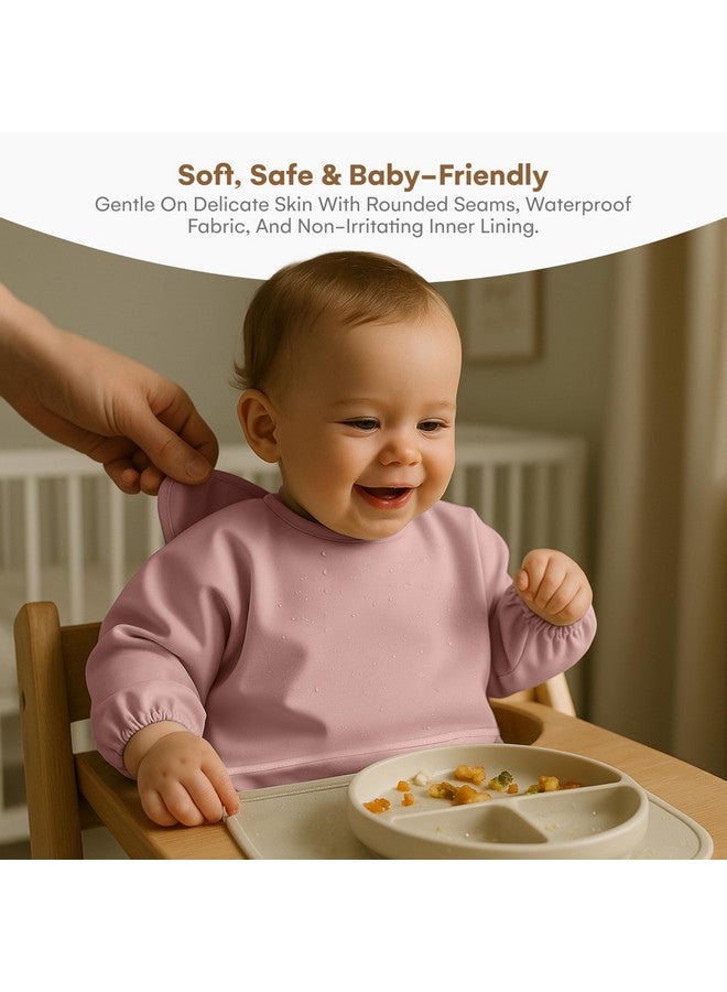 CHILDLIKE BEHAVIOR Baby Smock Bib - Set of 2 - Waterproof Travel Buddy, Mess-Proof Feeding - Long Sleeves, Gentle Closure - Two-Layer Cloth - Stress-Free Toddler Weaning - Sleeved Bib - Pink/Peach - Image 4