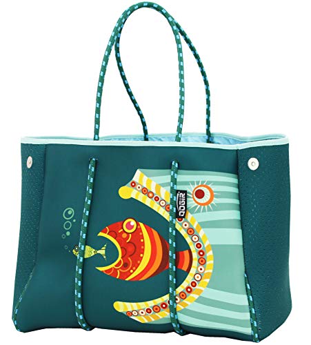 QOGiR Neoprene Multipurpose Beach Bag Tote with Inner Zipper Pocket (Fish, Large) - Image 1