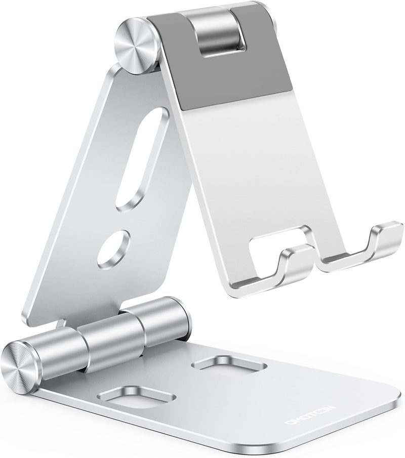 Omoton Foldable Cell Phone Stand, C4 Portable Aluminum Phone Holder, Adjustable Phone Dock Cradle for iPhone 17/16/15 Pro Max Air, Small Tablets, All Smart Phones for Women Men Gift, Silver - Image 1