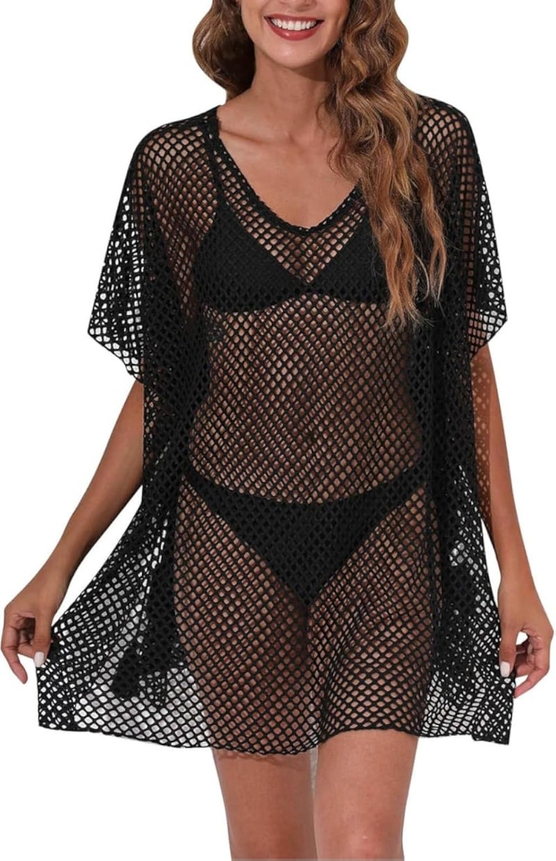 Mesh Beach Cover Up Dress, V-Neck Swimsuit Cover Up, Short Sleeve, Black