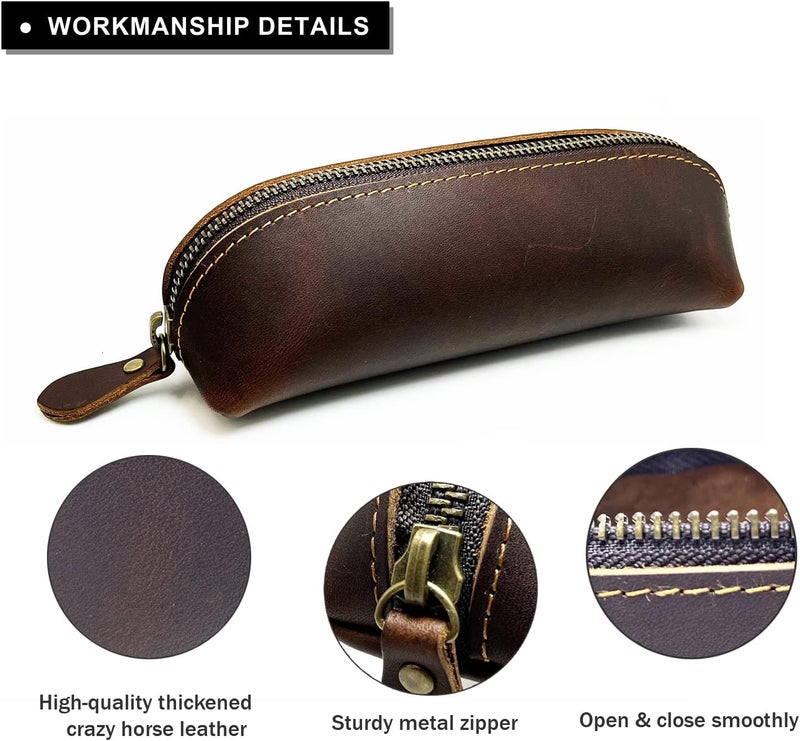 Craoopii Leather Pencil Case Pencil Bag Pouch With Zipper Pen Holders Handmade Genuine Leather For Men Women Students Businessmen And Artists Home Work Office. (Deep coffee) - Image 5