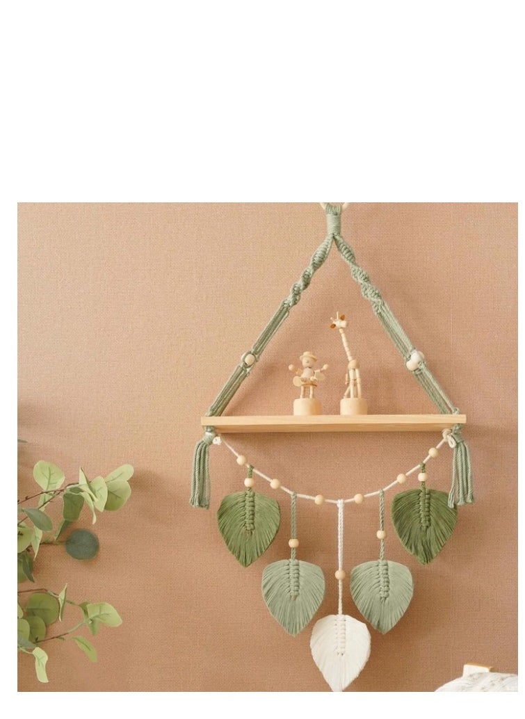 XiuWoo Macrame Wall Hanging Shelf, Boho Hanging Wall Decor Boho Shelf Woven Leaf Tapestry Shelf Boho Bookshelf Wood Floating Shelf for Bedroom Living Room Nursery Bathroom  - Image 1