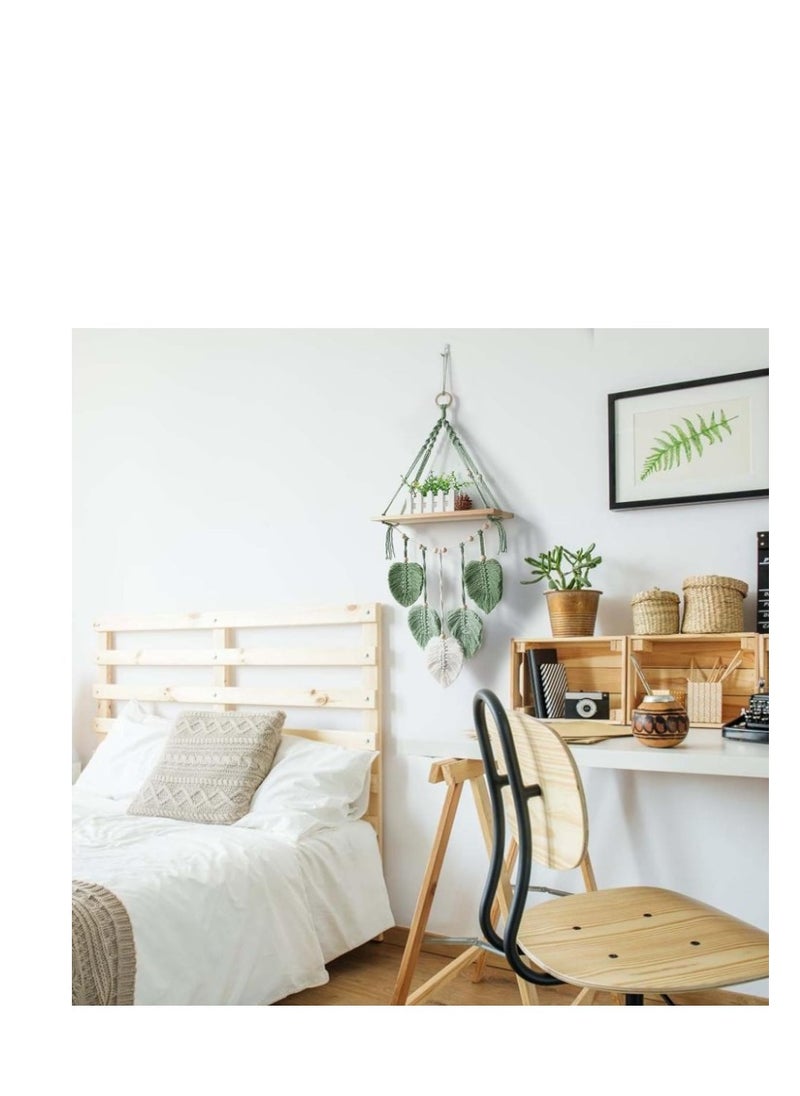 XiuWoo Macrame Wall Hanging Shelf, Boho Hanging Wall Decor Boho Shelf Woven Leaf Tapestry Shelf Boho Bookshelf Wood Floating Shelf for Bedroom Living Room Nursery Bathroom  - Image 2