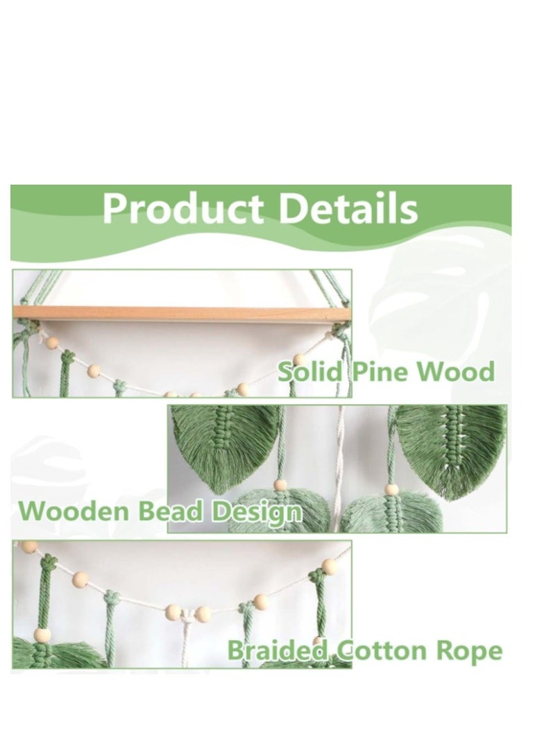 XiuWoo Macrame Wall Hanging Shelf, Boho Hanging Wall Decor Boho Shelf Woven Leaf Tapestry Shelf Boho Bookshelf Wood Floating Shelf for Bedroom Living Room Nursery Bathroom  - Image 5