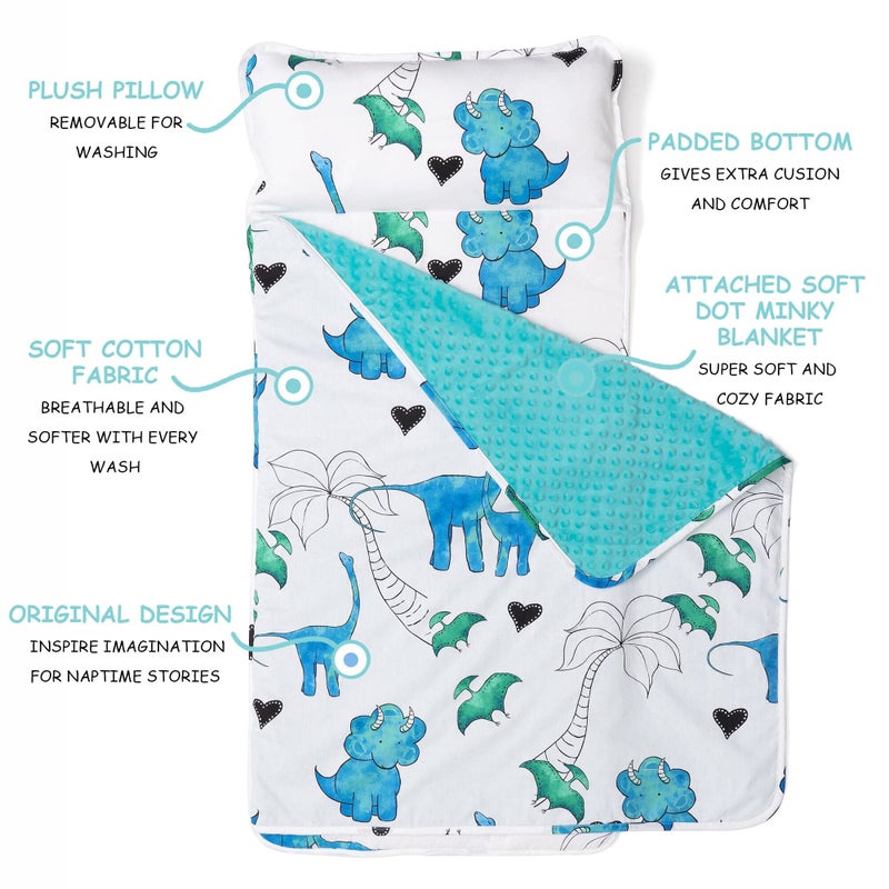 JumpOff Jo Nap Mat for Kids - Cozy Kids Rest Mat with Removable Pillow and Ultra Soft Blanket for Preschool, Daycare, and Sleepovers - Blue Dino - Image 2