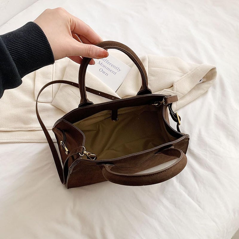 Covelin Women's Retro Suede Tote Bag Ladies' Fashion Shoulder Handbag Top Handle Purse Small Coffee - Image 3