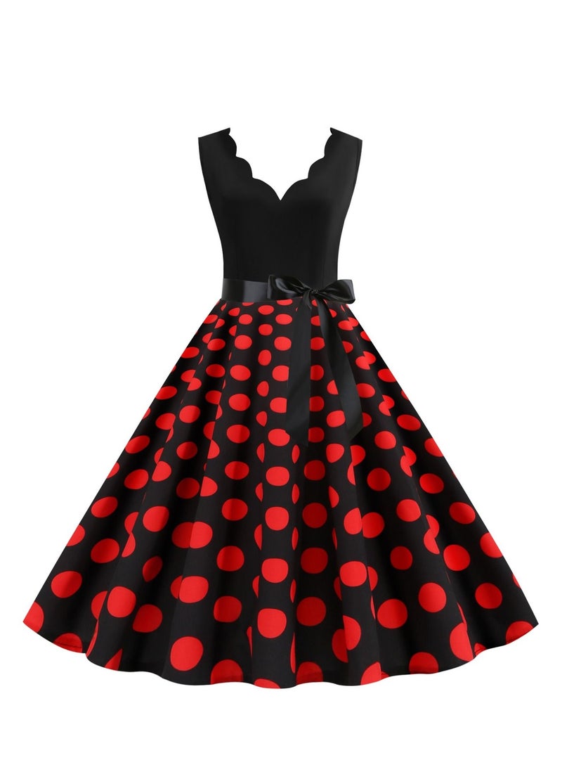 Loquat V-neck Sleeveless Polka Dot Lace Up Waist Retro Large Swing Dress Black/Red  - Image 1