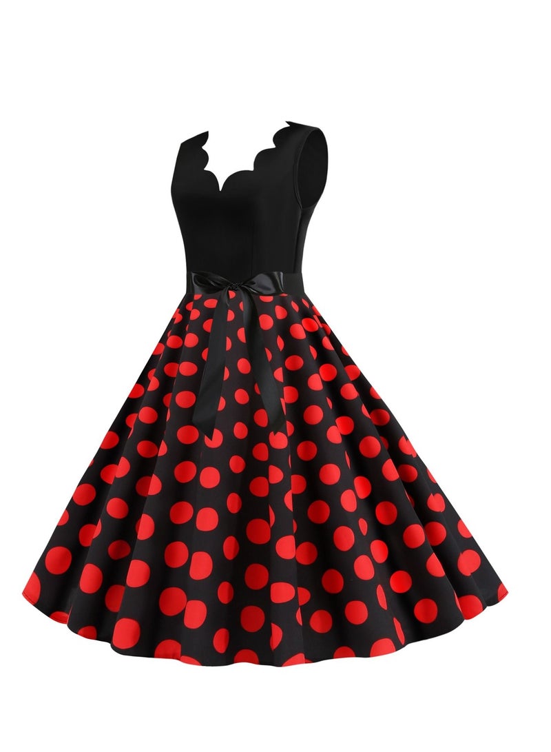 Loquat V-neck Sleeveless Polka Dot Lace Up Waist Retro Large Swing Dress Black/Red  - Image 2