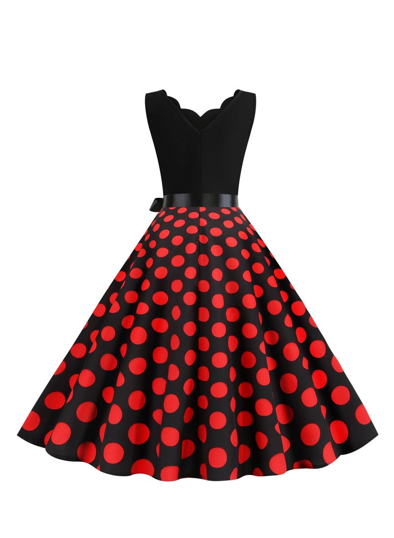 Loquat V-neck Sleeveless Polka Dot Lace Up Waist Retro Large Swing Dress Black/Red  - Image 3