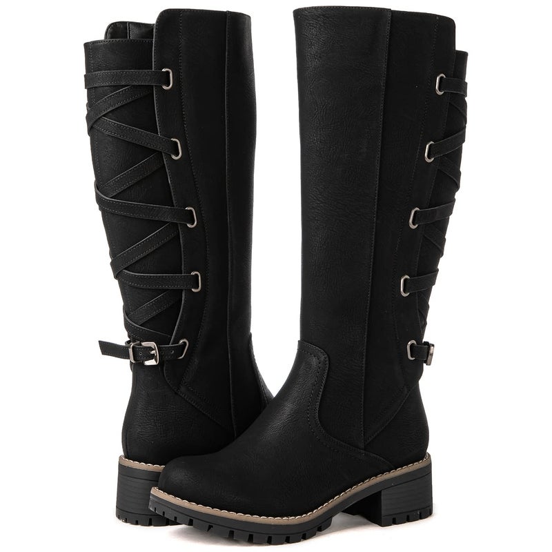 GLOBALWIN Womens Strappy Motorcycle Knee High Boots Black Wide Calf Riding Boots Fall Winter Fashion Knee High Boots For Women 7M - Image 2